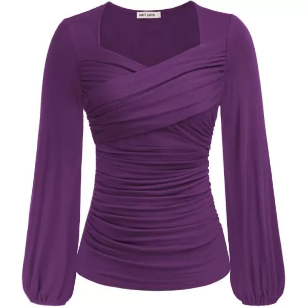 GRACE KARIN Womens Ruched Blouse Elegant Wrap Tops V Neck Long Sleeve Slim Fit TopPurple