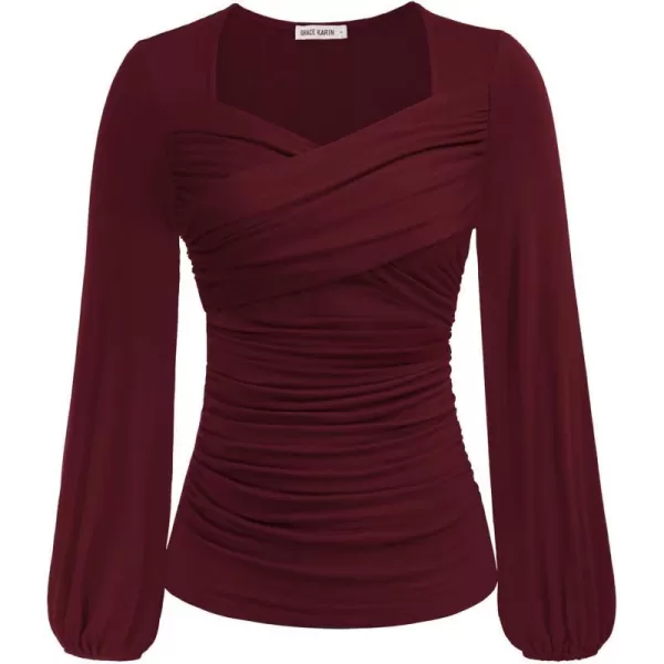 GRACE KARIN Womens Ruched Blouse Elegant Wrap Tops V Neck Long Sleeve Slim Fit TopWine