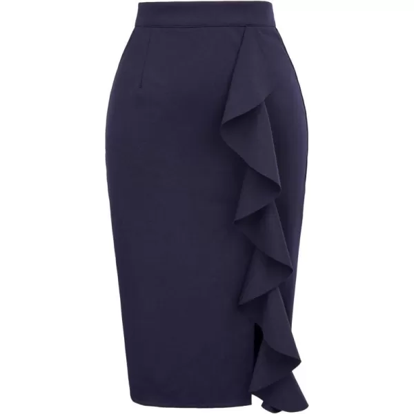 GRACE KARIN Womens Ruffle Bodycon Knee Length Midi Pencil SkirtNavy Blue