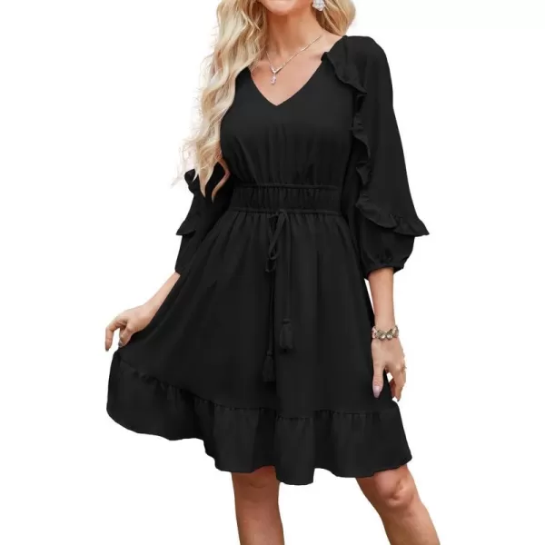 GRACE KARIN Womens Ruffle Flowy Swing Short Dress V Neck Long Sleeve Tie Waist DressesBlack