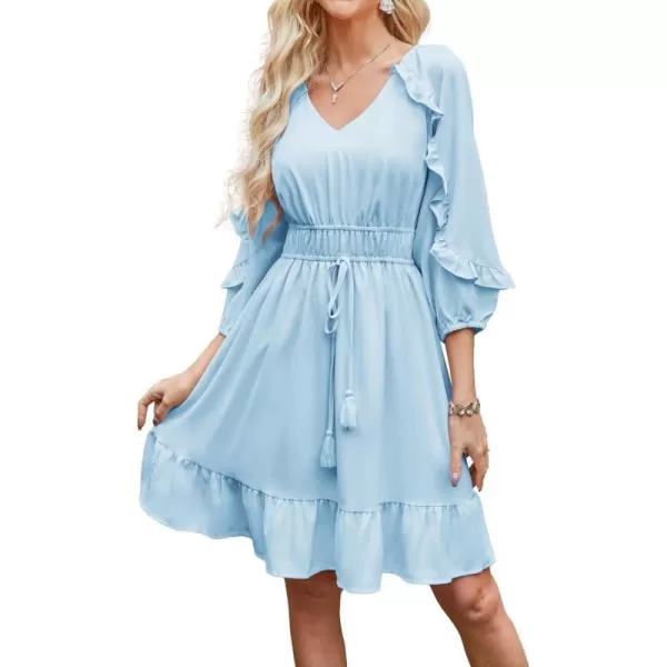 GRACE KARIN Womens Ruffle Flowy Swing Short Dress V Neck Long Sleeve Tie Waist DressesLight Blue