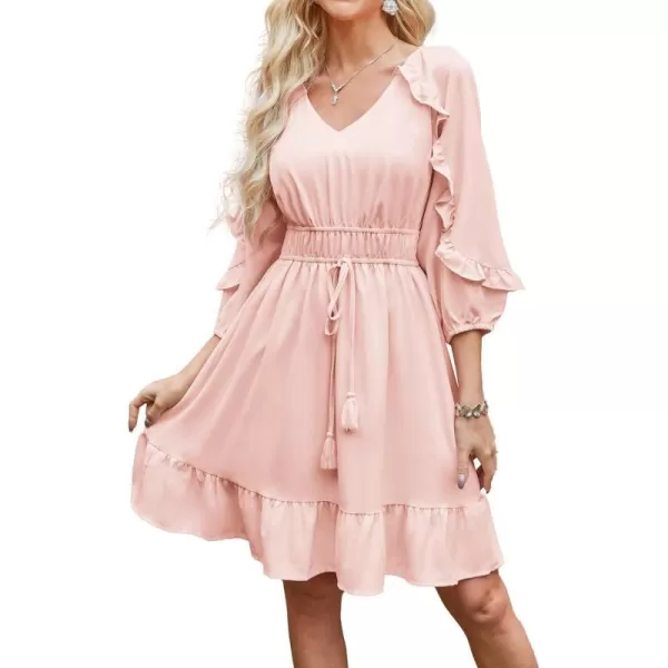 GRACE KARIN Womens Ruffle Flowy Swing Short Dress V Neck Long Sleeve Tie Waist DressesLight Pink