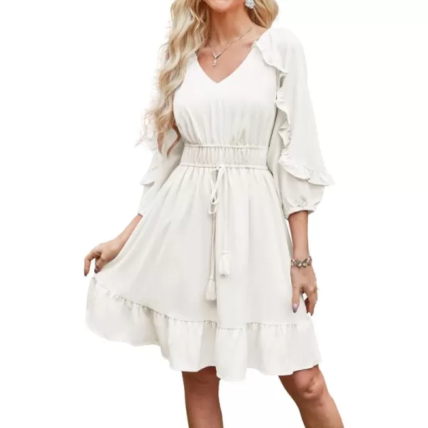 GRACE KARIN Womens Ruffle Flowy Swing Short Dress V Neck Long Sleeve Tie Waist DressesWhite