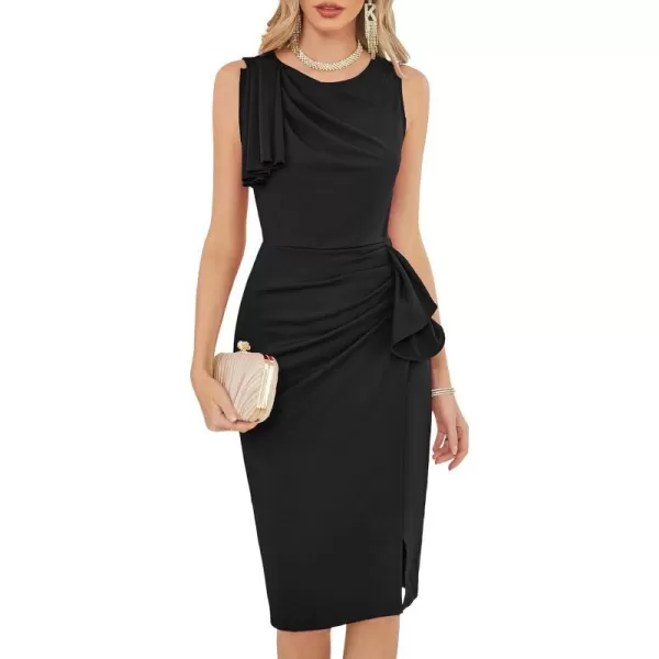 GRACE KARIN Womens Ruffle Sleeveless Ruched Bodycon Dress 2023 Summer Slit Split Midi Cocktail Party Formal DressesBlack