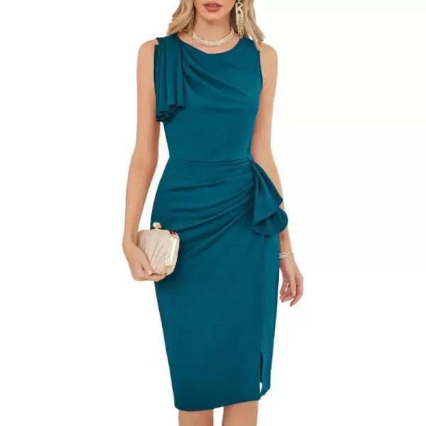 GRACE KARIN Womens Ruffle Sleeveless Ruched Bodycon Dress 2023 Summer Slit Split Midi Cocktail Party Formal DressesBlue Green