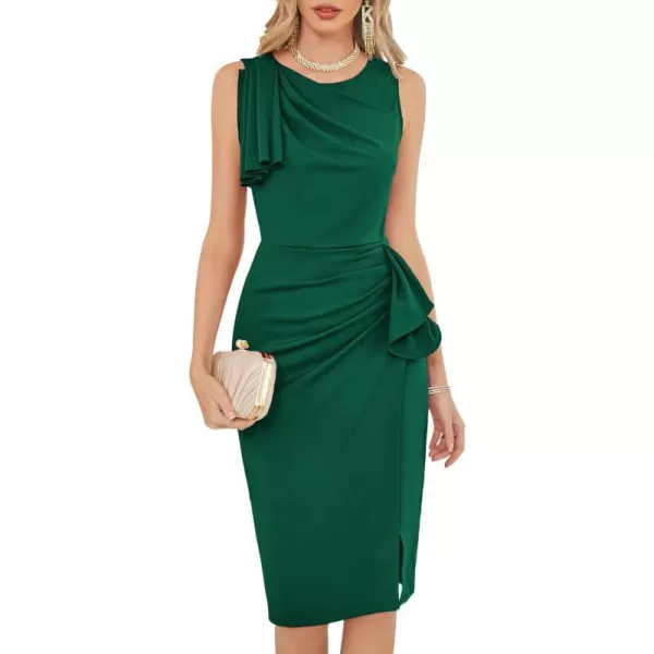 GRACE KARIN Womens Ruffle Sleeveless Ruched Bodycon Dress 2023 Summer Slit Split Midi Cocktail Party Formal DressesDark Green