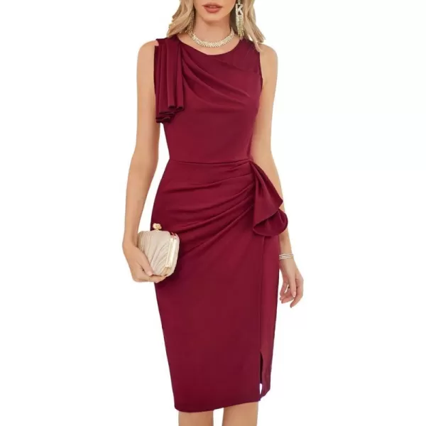 GRACE KARIN Womens Ruffle Sleeveless Ruched Bodycon Dress 2023 Summer Slit Split Midi Cocktail Party Formal DressesWine Red