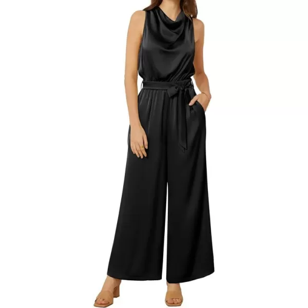 GRACE KARIN Womens Satin Jumpsuit 2024 Sleeveless Belted Wide Leg Casual Romper with PocketsBlack