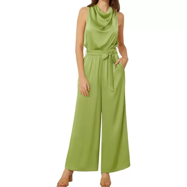 GRACE KARIN Womens Satin Jumpsuit 2024 Sleeveless Belted Wide Leg Casual Romper with PocketsLight Green