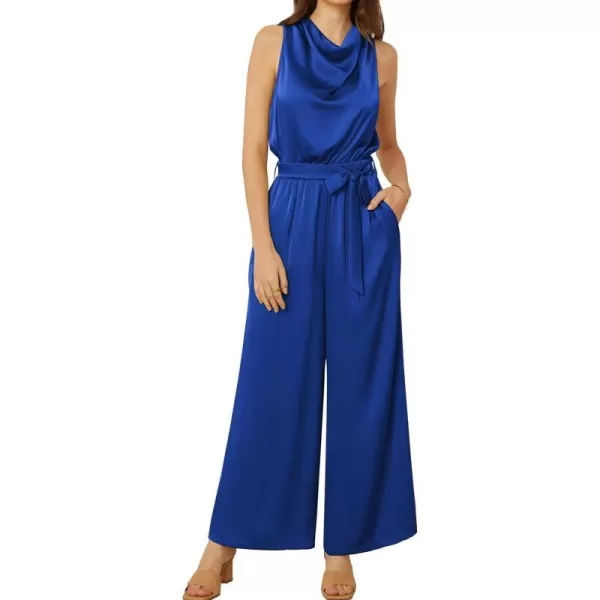 GRACE KARIN Womens Satin Jumpsuit 2024 Sleeveless Belted Wide Leg Casual Romper with PocketsRoyal Blue