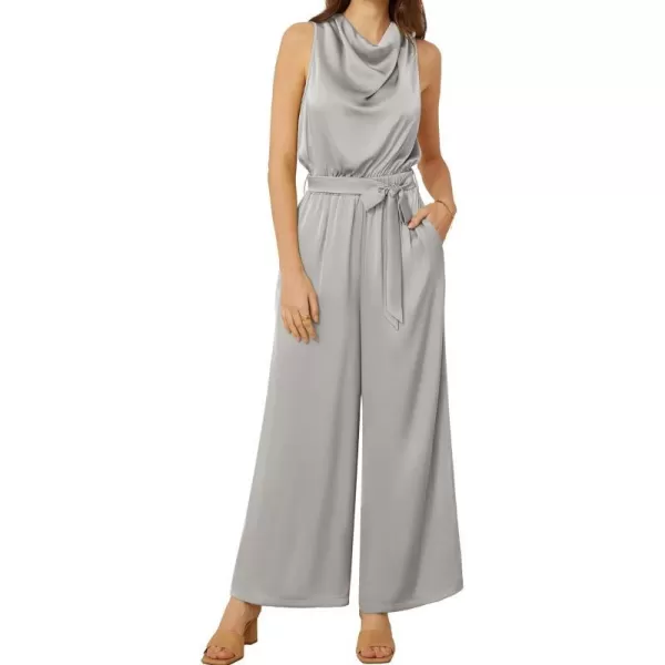 GRACE KARIN Womens Satin Jumpsuit 2024 Sleeveless Belted Wide Leg Casual Romper with PocketsSilver