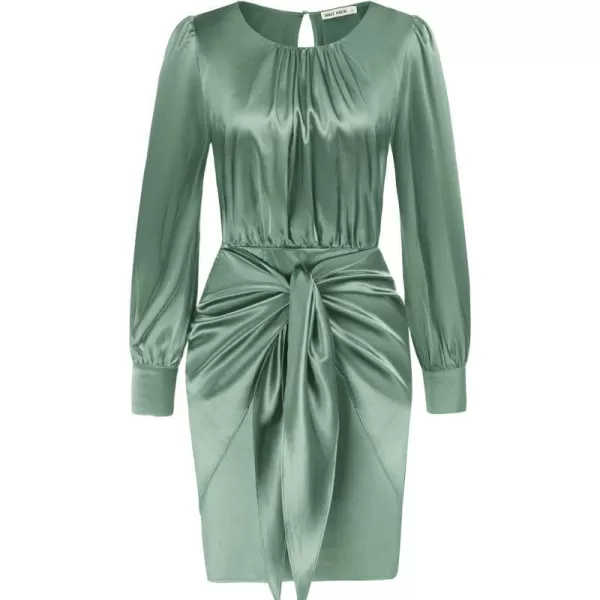 GRACE KARIN Womens Satin Long Sleeve Dress Tie Wrap Ruched Cocktail Dresses Wedding Guest DressesArmy Green