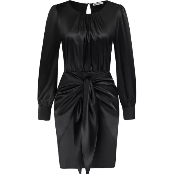 GRACE KARIN Womens Satin Long Sleeve Dress Tie Wrap Ruched Cocktail Dresses Wedding Guest DressesBlack