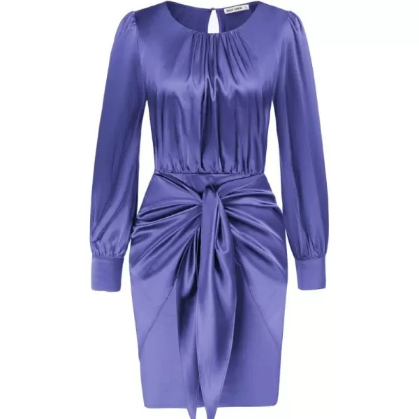 GRACE KARIN Womens Satin Long Sleeve Dress Tie Wrap Ruched Cocktail Dresses Wedding Guest DressesBlue