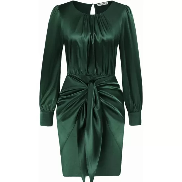 GRACE KARIN Womens Satin Long Sleeve Dress Tie Wrap Ruched Cocktail Dresses Wedding Guest DressesDark Green