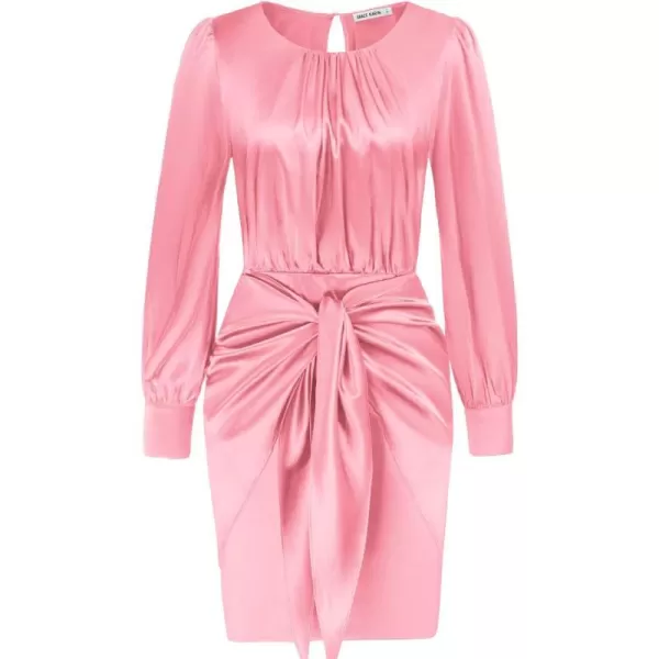 GRACE KARIN Womens Satin Long Sleeve Dress Tie Wrap Ruched Cocktail Dresses Wedding Guest DressesPink