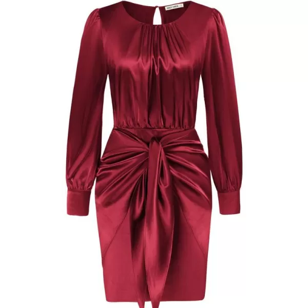 GRACE KARIN Womens Satin Long Sleeve Dress Tie Wrap Ruched Cocktail Dresses Wedding Guest DressesWine Red