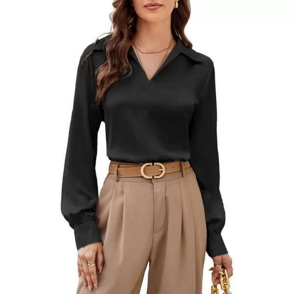 GRACE KARIN Womens Satin Silk Blouse Lapel V Neck Long Sleeve Casual Work Blouse Shirts Pullover TopsBlack