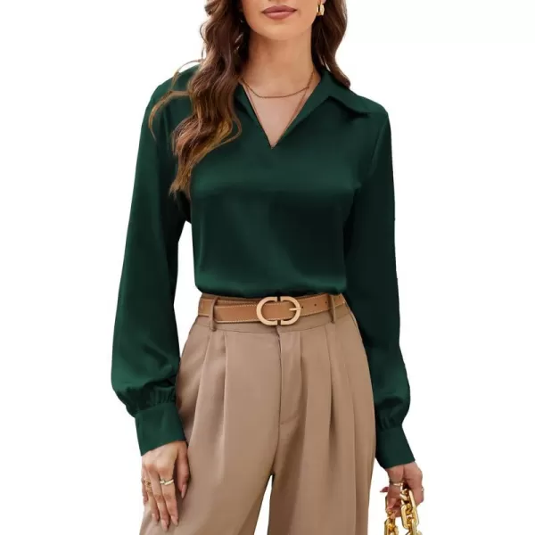 GRACE KARIN Womens Satin Silk Blouse Lapel V Neck Long Sleeve Casual Work Blouse Shirts Pullover TopsDark Green