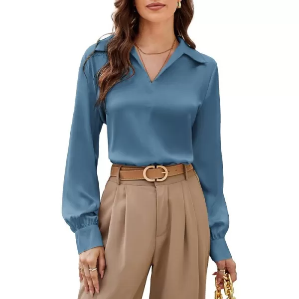 GRACE KARIN Womens Satin Silk Blouse Lapel V Neck Long Sleeve Casual Work Blouse Shirts Pullover TopsGrey Blue