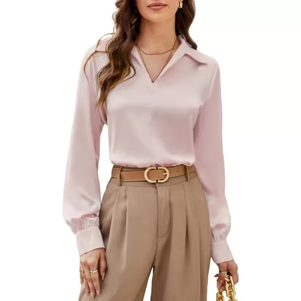 GRACE KARIN Womens Satin Silk Blouse Lapel V Neck Long Sleeve Casual Work Blouse Shirts Pullover TopsPink