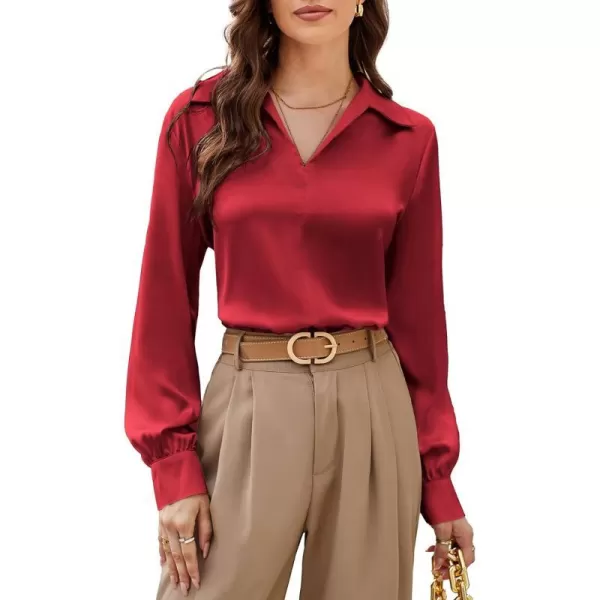 GRACE KARIN Womens Satin Silk Blouse Lapel V Neck Long Sleeve Casual Work Blouse Shirts Pullover TopsRed