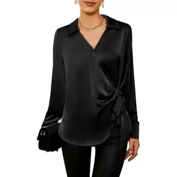 GRACE KARIN Womens Satin Silk Blouses Wrap V Neck Shirts Long Sleeve Elegant Tie Waist Office Formal Work Tunic PulloverTopsBlack