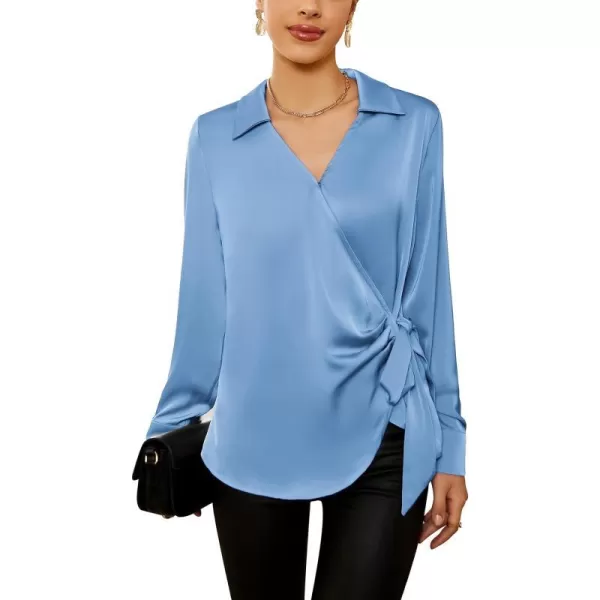 GRACE KARIN Womens Satin Silk Blouses Wrap V Neck Shirts Long Sleeve Elegant Tie Waist Office Formal Work Tunic PulloverTopsBlue