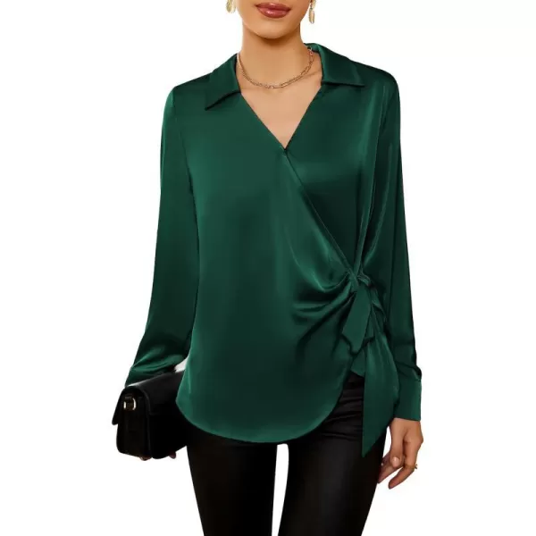 GRACE KARIN Womens Satin Silk Blouses Wrap V Neck Shirts Long Sleeve Elegant Tie Waist Office Formal Work Tunic PulloverTopsDark Green