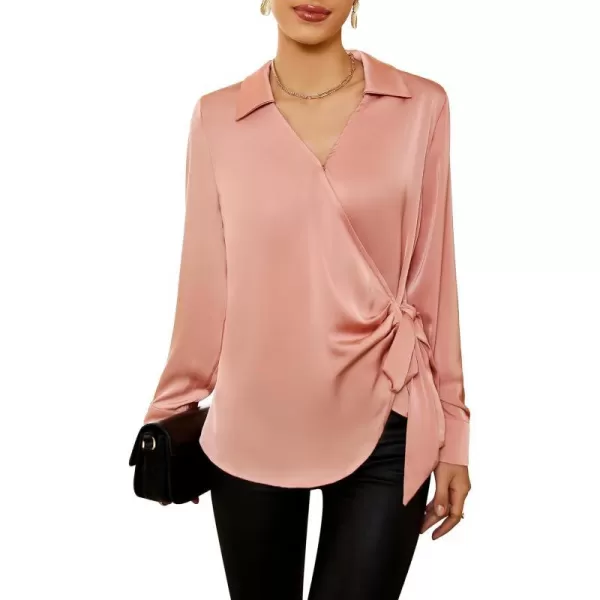 GRACE KARIN Womens Satin Silk Blouses Wrap V Neck Shirts Long Sleeve Elegant Tie Waist Office Formal Work Tunic PulloverTopsPink