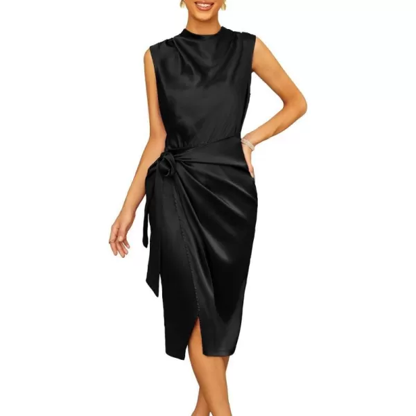 GRACE KARIN Womens Satin Sleeveless Mock Neck Keyhole Bodycon Dresses Cowl Neck Tie Waist Faux Wrap Midi Cocktail DressBlack