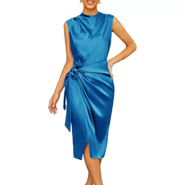 GRACE KARIN Womens Satin Sleeveless Mock Neck Keyhole Bodycon Dresses Cowl Neck Tie Waist Faux Wrap Midi Cocktail DressBright Blue