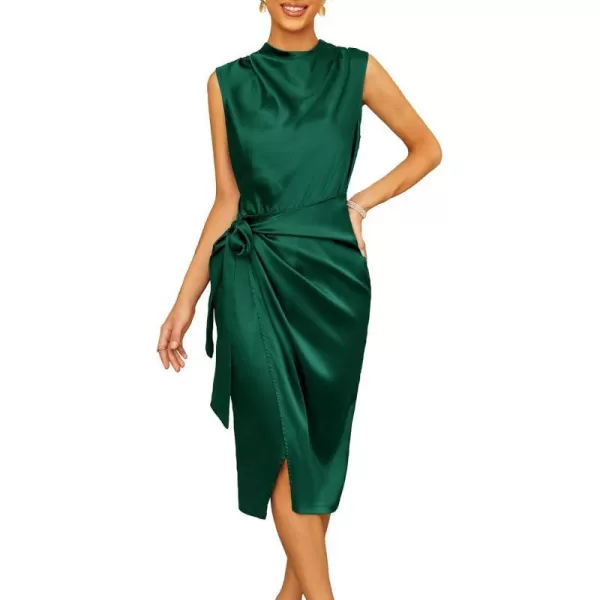 GRACE KARIN Womens Satin Sleeveless Mock Neck Keyhole Bodycon Dresses Cowl Neck Tie Waist Faux Wrap Midi Cocktail DressDark Green