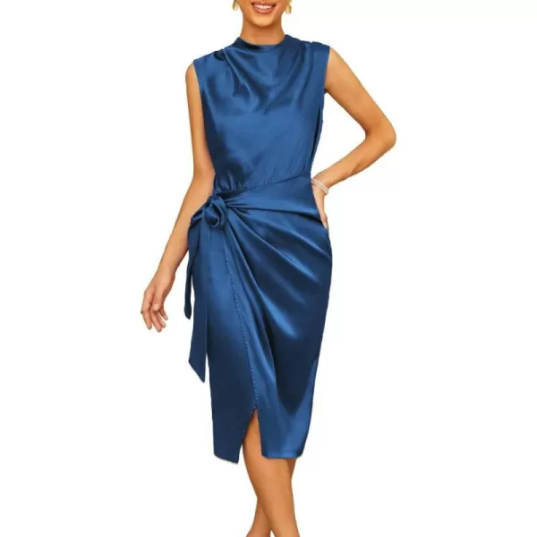 GRACE KARIN Womens Satin Sleeveless Mock Neck Keyhole Bodycon Dresses Cowl Neck Tie Waist Faux Wrap Midi Cocktail DressNavy Blue