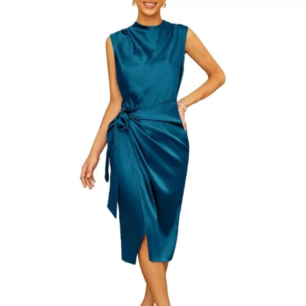 GRACE KARIN Womens Satin Sleeveless Mock Neck Keyhole Bodycon Dresses Cowl Neck Tie Waist Faux Wrap Midi Cocktail DressPeacock Blue