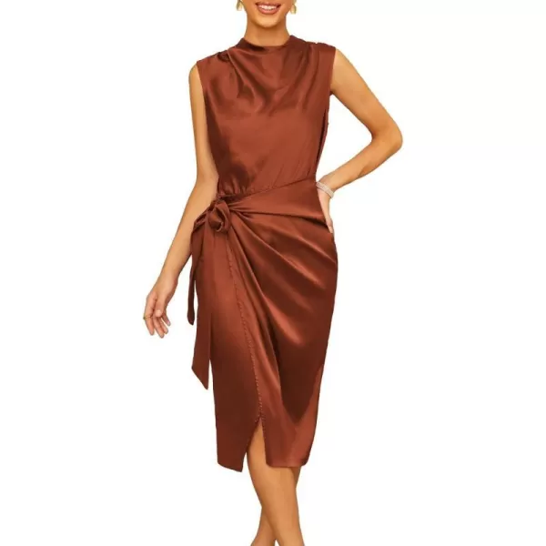 GRACE KARIN Womens Satin Sleeveless Mock Neck Keyhole Bodycon Dresses Cowl Neck Tie Waist Faux Wrap Midi Cocktail DressRust Brown