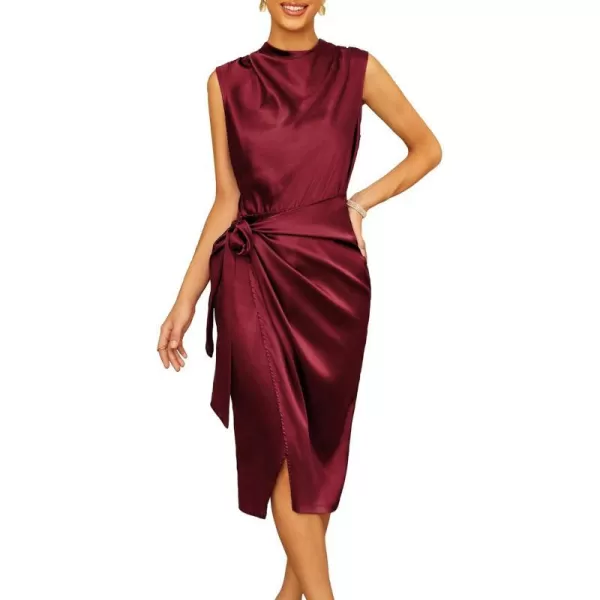 GRACE KARIN Womens Satin Sleeveless Mock Neck Keyhole Bodycon Dresses Cowl Neck Tie Waist Faux Wrap Midi Cocktail DressWine