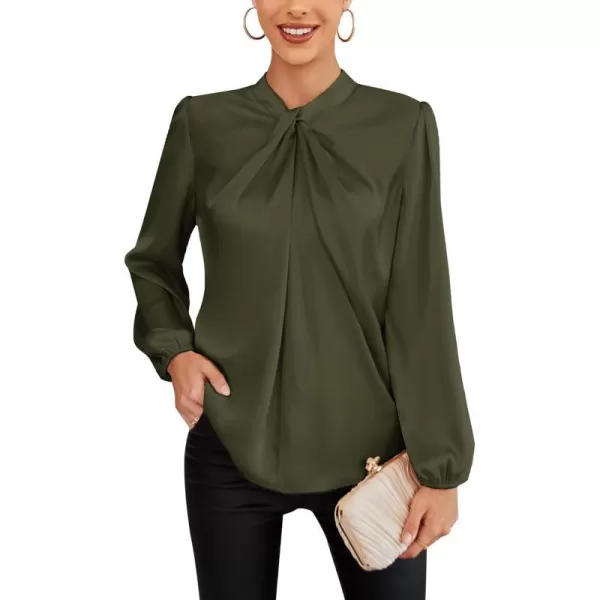 GRACE KARIN Womens Satin Top Mock Neck Twist Front Top Long Lantern Sleeve Silk Shirts Casual Loose Work Office BlouseOlive Green