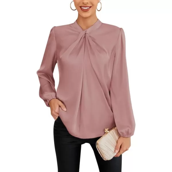 GRACE KARIN Womens Satin Top Mock Neck Twist Front Top Long Lantern Sleeve Silk Shirts Casual Loose Work Office BlousePink