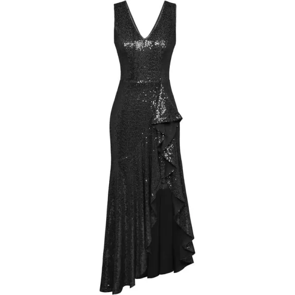 GRACE KARIN Womens Sequin Dress Sleeveless Cockatil Dress High Low Hem Wedding Party Ruffle Maxi Dress Evening GownBlack