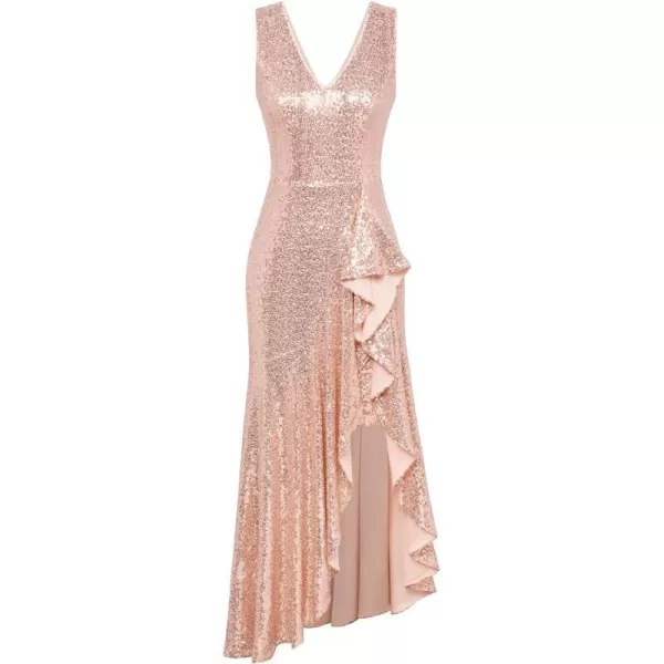 GRACE KARIN Womens Sequin Dress Sleeveless Cockatil Dress High Low Hem Wedding Party Ruffle Maxi Dress Evening GownRose Gold