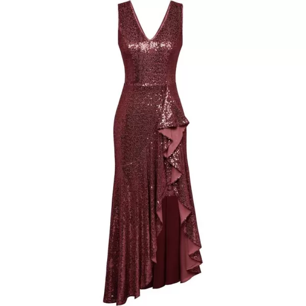 GRACE KARIN Womens Sequin Dress Sleeveless Cockatil Dress High Low Hem Wedding Party Ruffle Maxi Dress Evening GownWine Red