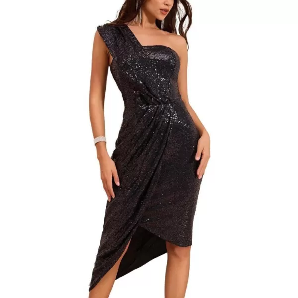 GRACE KARIN Womens Sequin Dress Sparkly Glitter One Shoulder Party Club Dress Wrap Hem Ruched Cocktail DressesBlacklong