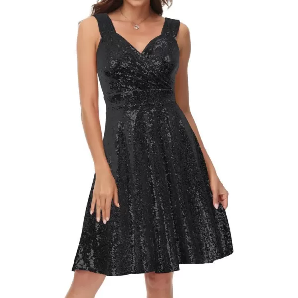 GRACE KARIN Womens Sequin Glitter VNeck Party Dress Winter Velvet ALine Dress Lace Evening DressBlacksequin