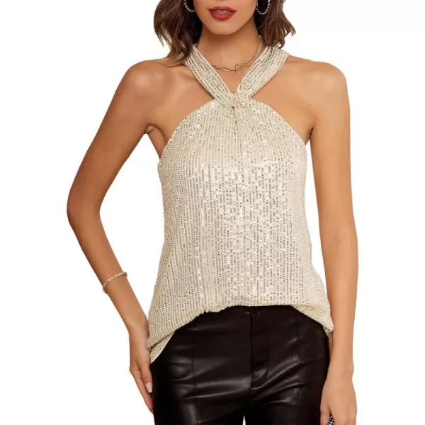 GRACE KARIN Womens Sequin Sparkle Tank Tops Halter Neck Keyhole Knot Slim Fit Cocktail TopsBeigesequin