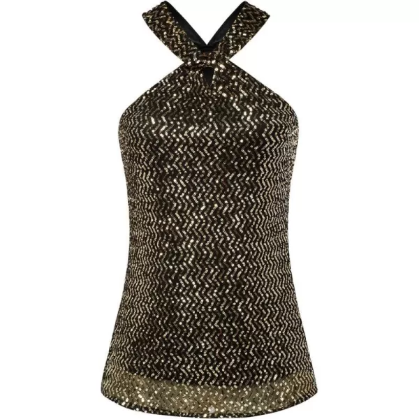 GRACE KARIN Womens Sequin Sparkle Tank Tops Halter Neck Keyhole Knot Slim Fit Cocktail TopsBlack Goldzigzagsequin