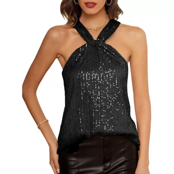 GRACE KARIN Womens Sequin Sparkle Tank Tops Halter Neck Keyhole Knot Slim Fit Cocktail TopsBlacksequin