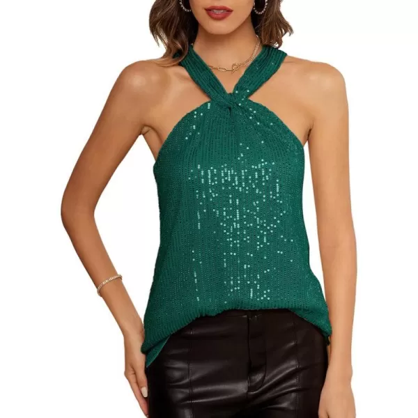 GRACE KARIN Womens Sequin Sparkle Tank Tops Halter Neck Keyhole Knot Slim Fit Cocktail TopsBlue Greensequin