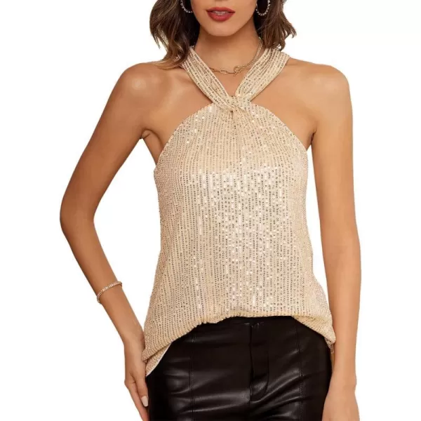 GRACE KARIN Womens Sequin Sparkle Tank Tops Halter Neck Keyhole Knot Slim Fit Cocktail TopsGoldsequin