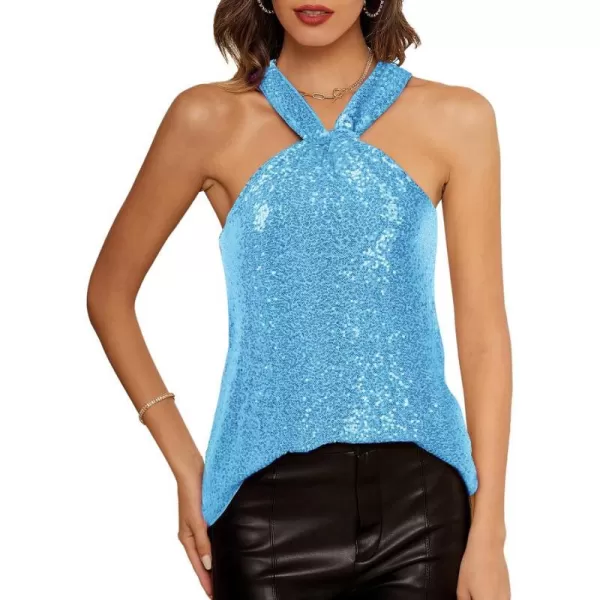 GRACE KARIN Womens Sequin Sparkle Tank Tops Halter Neck Keyhole Knot Slim Fit Cocktail TopsLight Bluesequin